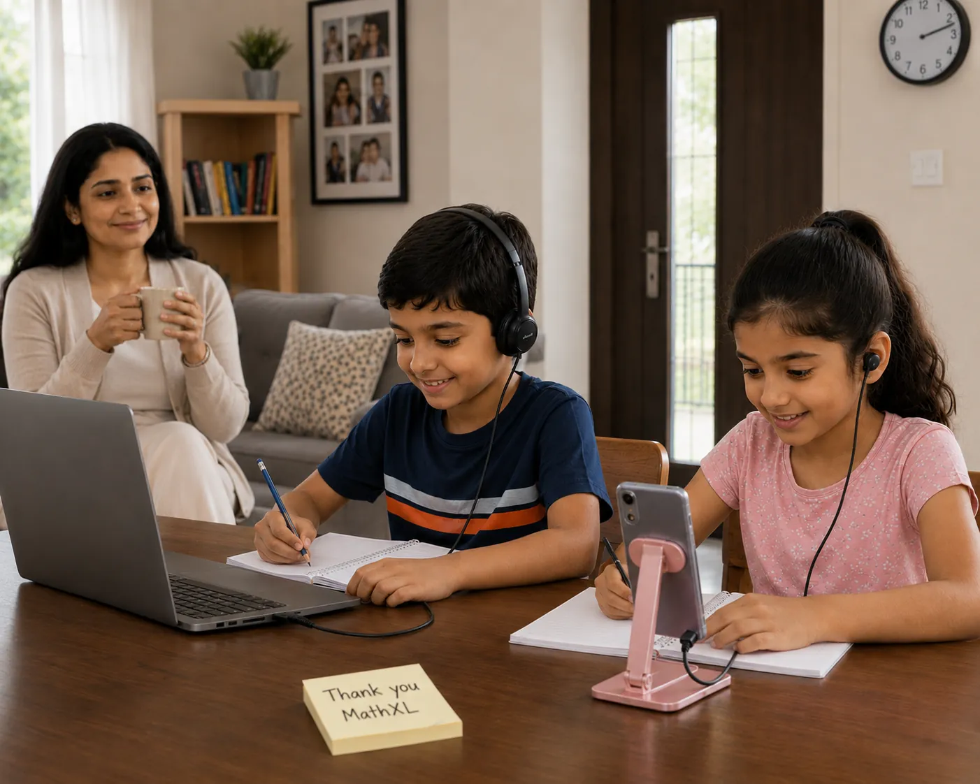 A relaxed mother enjoying a cup of tea on the couch while her two children learn happily online with headphones at the dining table.